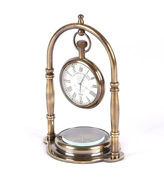 Royal Collection| Table Clock Antique Style Brass Finish 5.5 inch dial 3 inch Office Home Decor handicrafts Items Wedding Gift Bedroom Living Room Office Desk Self Clock