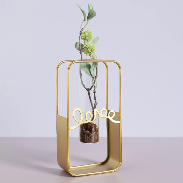 Bonhomie Gold Solid Rectangular Metal Glass Test Tube Flower Vase for Home Decor | Center Table Decorative Item for Living Room, Dining Table, Office, Bedroom | Pack of 1 (Without Flower)