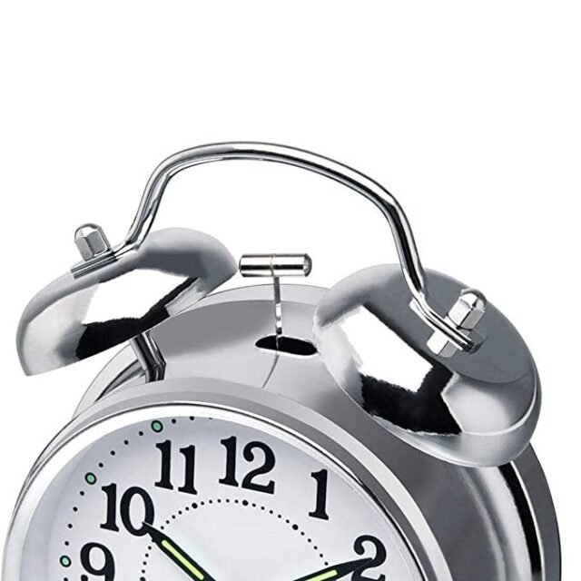 Sendrose Alarm Clock Brass Vintage Twin Bell Table Top Alarm Clock with Night Led Light Display Alarm Clock for Bedroom Heavy Sleepers Kids and Students (Silver)