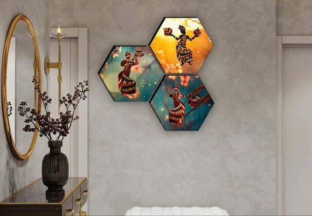 SAF Set of 3 Hexagon Modern Art Dancing MDF Board UV Textured Painting 17 Inch X 17 Inch SANFHXS30542