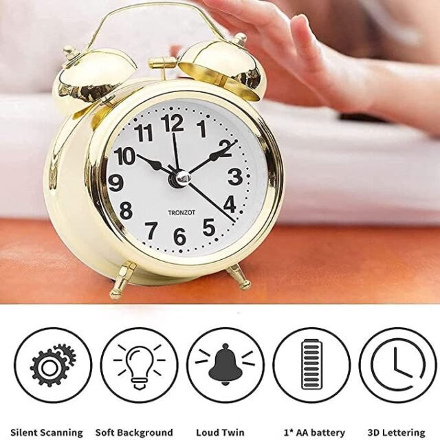 Maa Venture Twin Golden Bell Table Top Alarm Clock with Night LED Light Display Alarm Clock for Bedroom Heavy Sleepers Kids and Students for Heavy Sleepers Bedroom(Golden Vintage)
