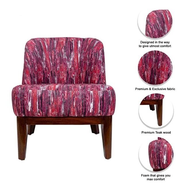 Timberly Upholstered Printed Single Seater Sofa Chair with Matching Cushion, Rest Chair for Living Room, Bedroom, Hall, Lounge and Balcony, Teak Wood, Fabric (Red)