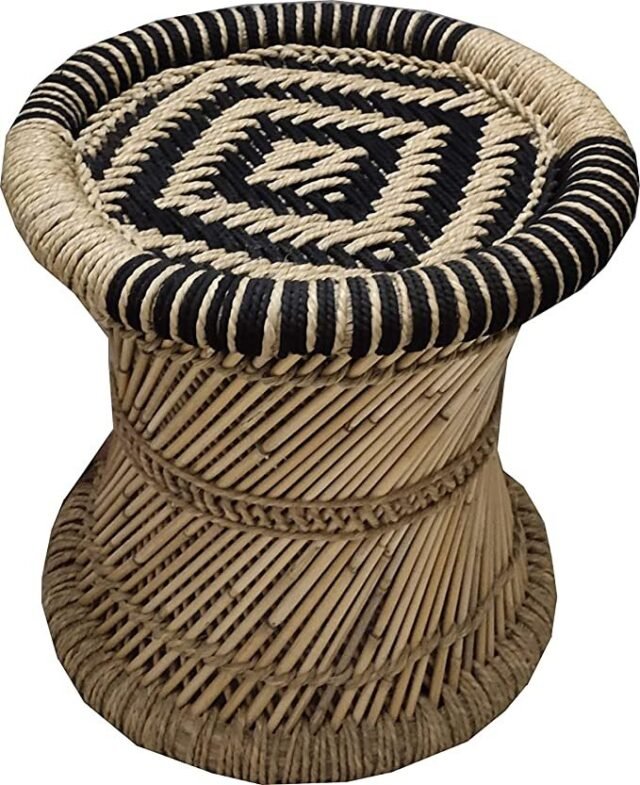 VANSHIKA Craft ! Natural Bamboo Mudda Weaving Black and Beige Flower Chair Set ! Chair with Wave Design Mudda