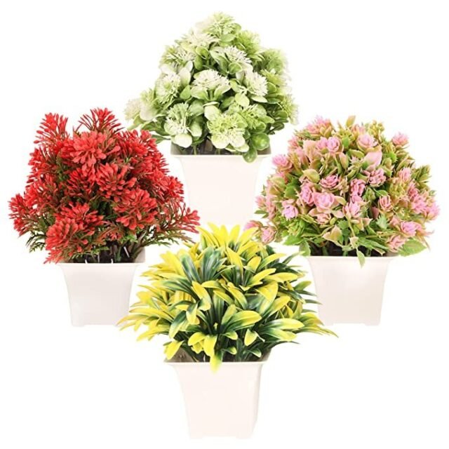 Dunay Artificial Forest Bonsai Plant with Plastic Pot for Home Decoration Office Table Greenery Room Home Decor Plants (Set of 4)