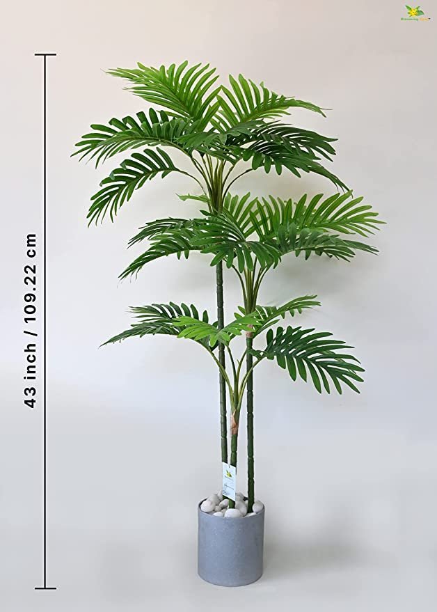 Blooming Floret Artificial Areca Palm | 3 Stems Having 27 Leaves (110 CM Long) | with Basic Black Pot | Ornamental Plant for Interior Decor/Home Decor/Office Decor | Dustproof