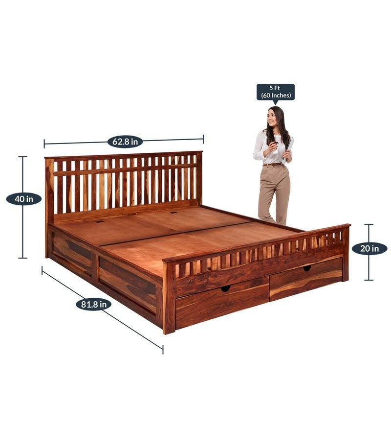 Beatrice Queen Size Bed with Drawer Storage in Honey Finish