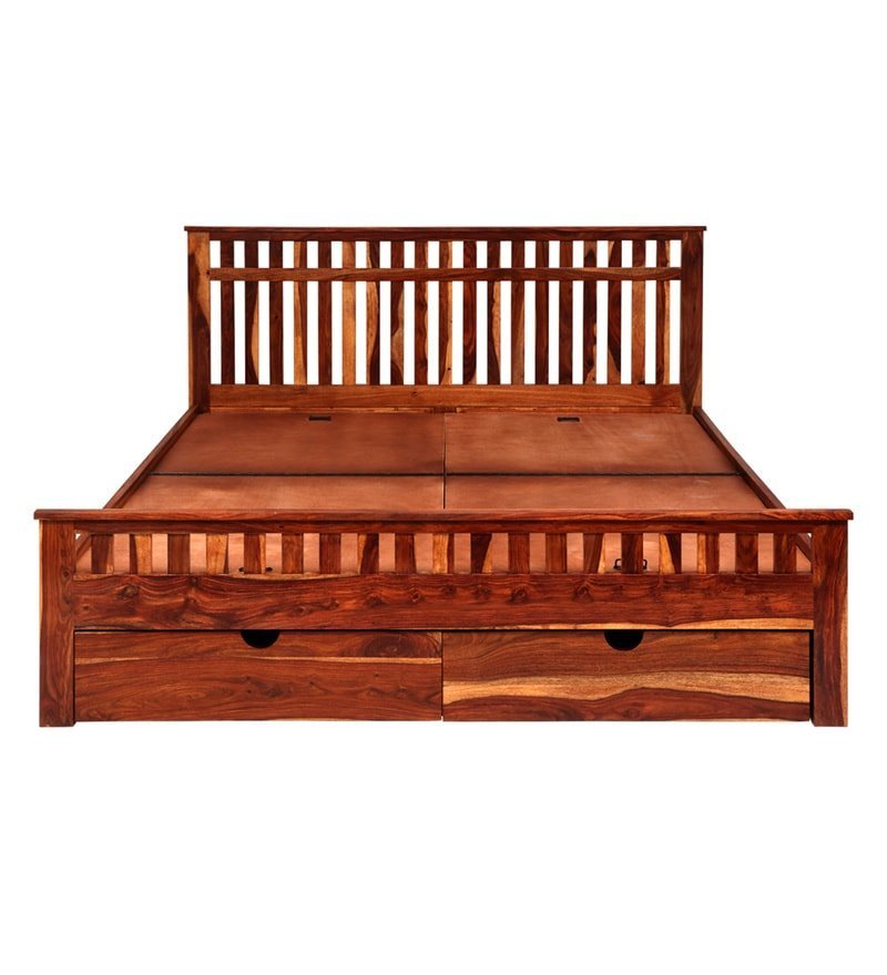 Beatrice Queen Size Bed with Drawer Storage in Honey Finish