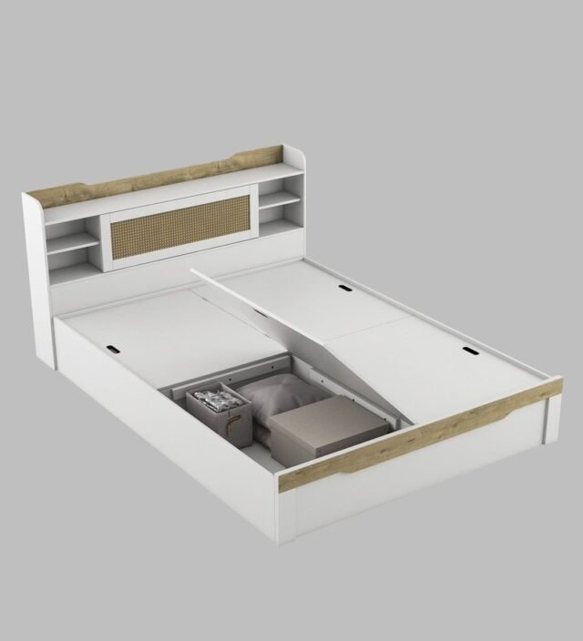 Kosmo Lilly Queen Size Bed With Box Storage In Kingston White Finish