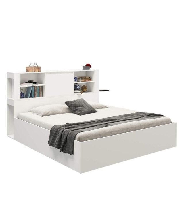 Magnus Queen Size Bed with Box Storage & Charger in Mist White Color