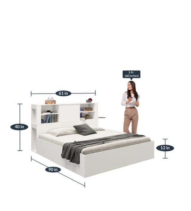 Magnus Queen Size Bed with Box Storage & Charger in Mist White Color