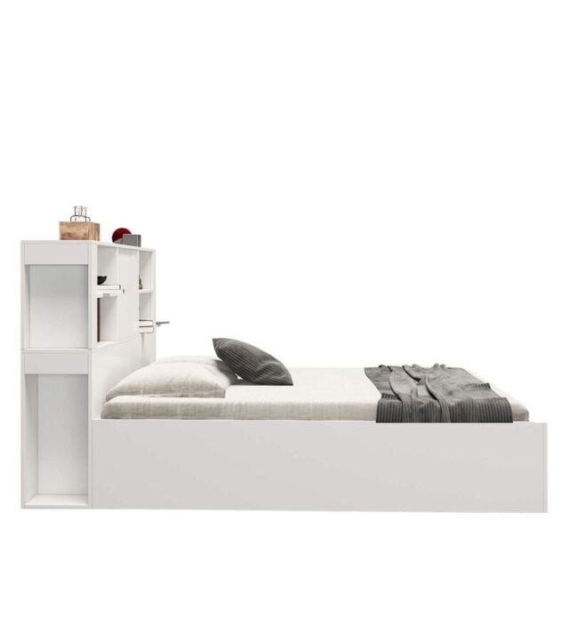 Magnus Queen Size Bed with Box Storage & Charger in Mist White Color