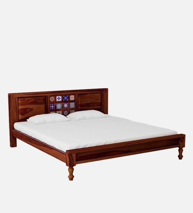 Siramika Solid Wood King Size Bed In Honey Oak Finish