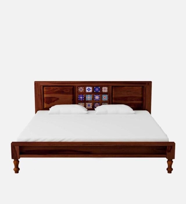 Siramika Solid Wood King Size Bed In Honey Oak Finish
