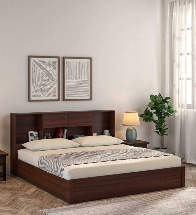 Yume King Size Bed With Box Storage In Regato Walnut Colour